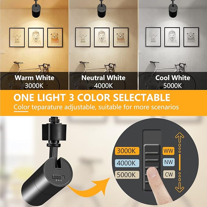VANoopee 3-Color 10W H Track Lighting Heads Dimmable LED Track Light Heads Bright Rail Ceiling Spotlight Fixtures Accent Task, 3000K 4000K 5000K, Flicker Free CRI90+ 36° 1000lm, Matte Black, Pack of 8