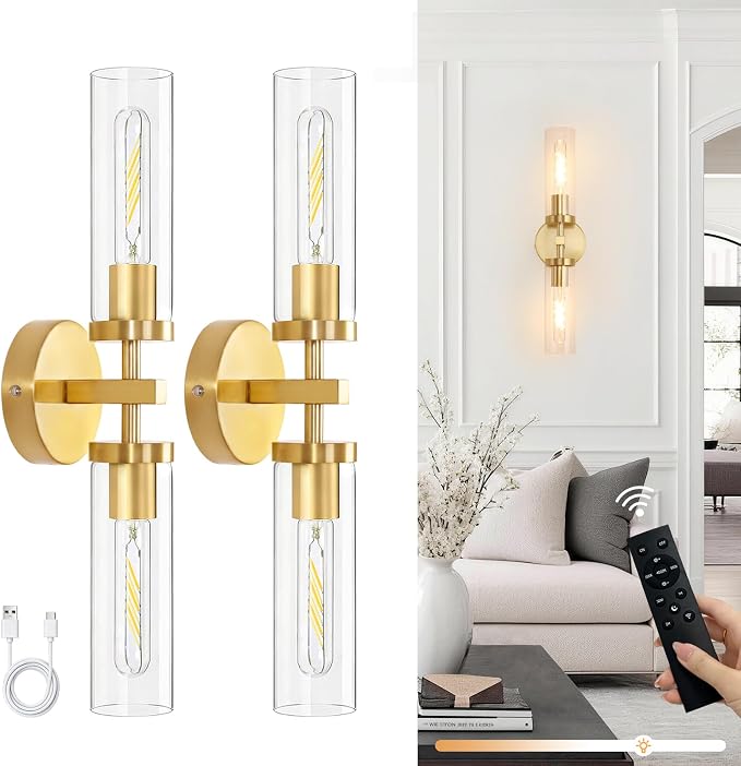 Shenmoyl Battery Operated Wall Sconces Set of Two,21" Gold Rechargeable Wall Lighting Fixtures, Dimmable Wall Lights with Remote & Clear Glass Shade for Living Room,Bathroom,Bedroom