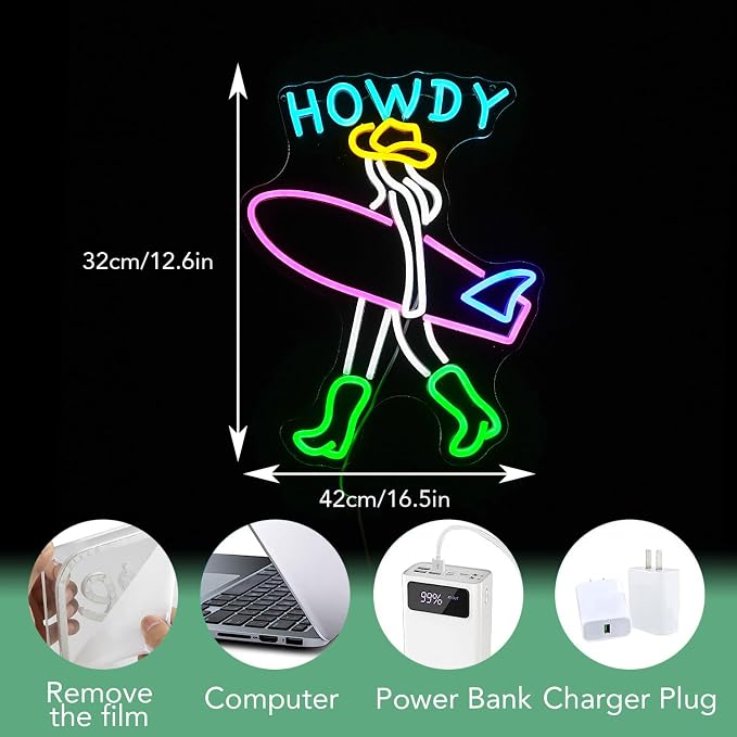 Surfer Neon Sign LED USB Howdy Cowboy Light Up Sign for Wall Decor Dimmable Lady Surfboard Neon Light for Seaside Sand Beach Surf Clubs Cowboy Room Decor(Multicolored)