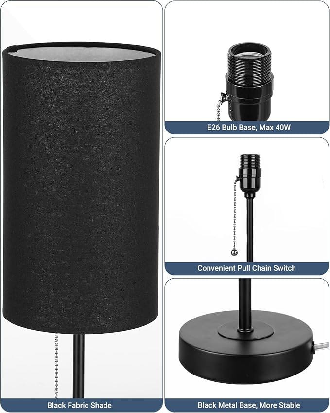 Small Table Lamps Set of 2 Desk Lamps for Living Room 3 Way Dimmable Black Nightstand Lamps with Metal Base Fabric Shade | Pull Chain Bedside Lamps for Bedrooms 18.5 Inches Lamp (Bulbs Included)