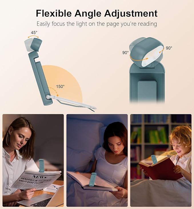 Gritin Reading Light, Rechargeable Book Light for Reading in Bed | Eye Caring 3 Color Temperatures, 5-Level Dimmable Brightness, Long Lasting, Compact Size Clip on Book Lamp-Pacific Blue