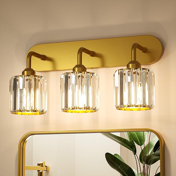 Keonjinn 3-Light Gold Bathroom Light Fixtures Over Mirror, Crystal | Vanity Lighting Fixture with Square Shades, Dimmable, Vintage Style, Compatible with E26 Base LED Bulbs (Blub Not Included)