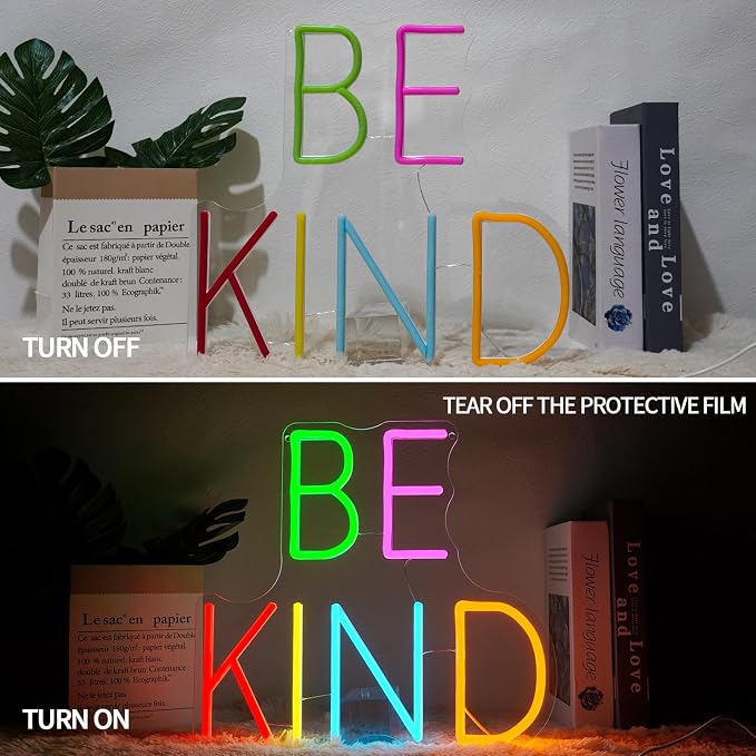 Be Kind Neon Sign Dimmable Kindness Neon Light Sign for Wall Decor Inspirational Letters Led Signs for Bedroom Kids Room Reading Corner Library Classroom Club Decor Gifts 12.6" x 13.7"