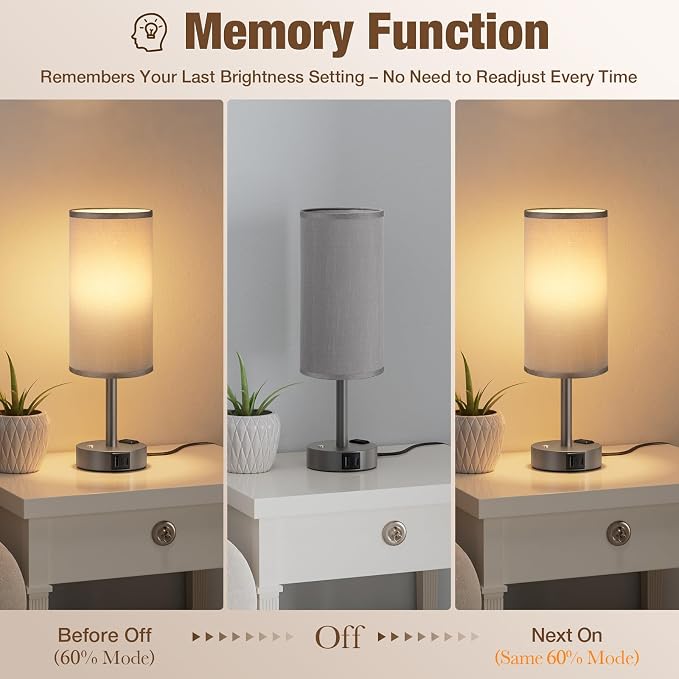Grey Touch Bedside Lamp for Bedroom, Stepless Dimmable, USB A+C, AC Outlet | Base Touch Button Only, Memory Brightness, Ultra-dim Night Light, Included Bulb for Optimal Dimming, Grey Fabric Shade, Desk