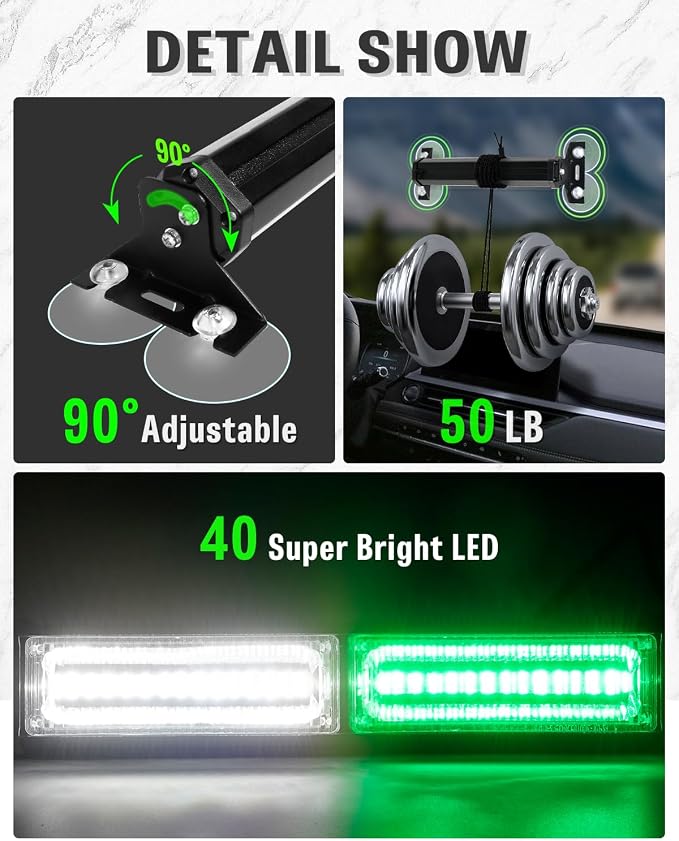 HLauto 1002L Emergency Strobe Traffic Advisor Light Bar: 40LED Dash Safety Warning Flashing Front/Rear Windshield Visor Light for Construction Vehicle, Trucks (2x10.7inch, Green White)
