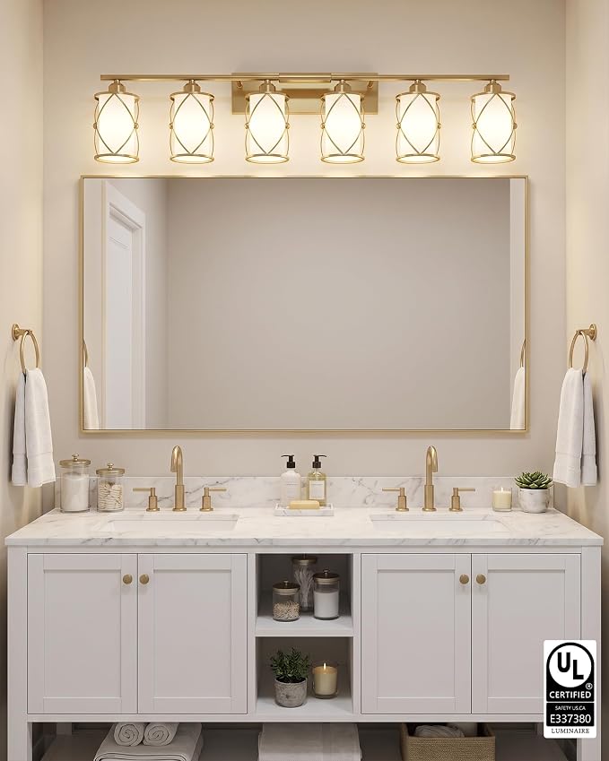 6-Light Brushed Gold Bathroom Light Fixtures Over Mirror, 42" UL-Listed Modern Wall Sconce Lights with Milk White Frosted Glass and Metal Cage for Bath, Hardwire E26, CH9176BGW-6W