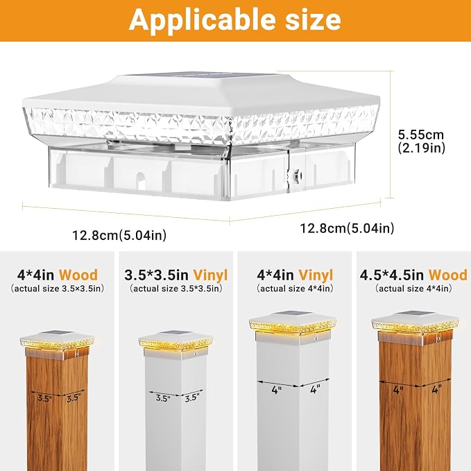 btfarm 4x4 Solar Post Cap Lights Outdoor, 2 Modes 16 LED Fence Deck Post Lights, 8 Pack Waterproof White Solar Powered Lighting Outside Fit 4x4 3.5x3.5 Wooden/Vinyl for Porch Patio Garden