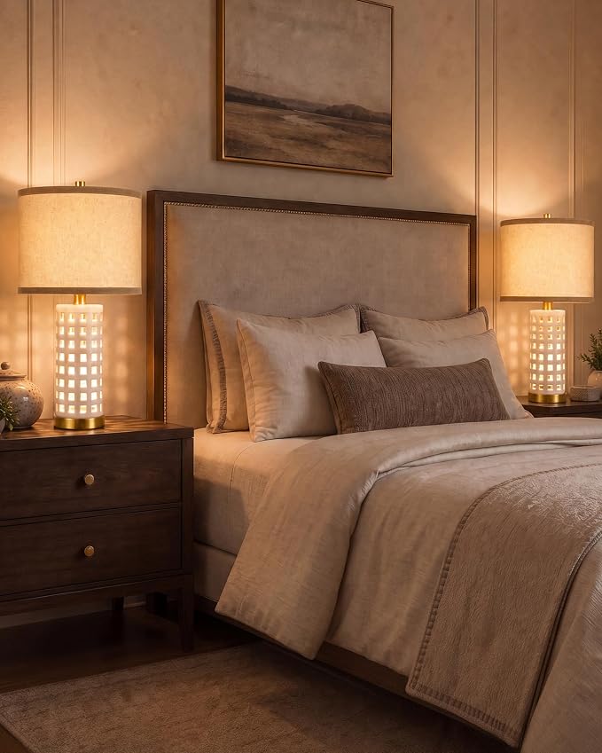 Alethiea 21" Ceramic Table Lamp with Dual Lighting, Hollow Square Base with Built-in Ambient Light, Farmhouse Bedside Nightstand Lamp with Fabric Shade for Bedroom Living Room