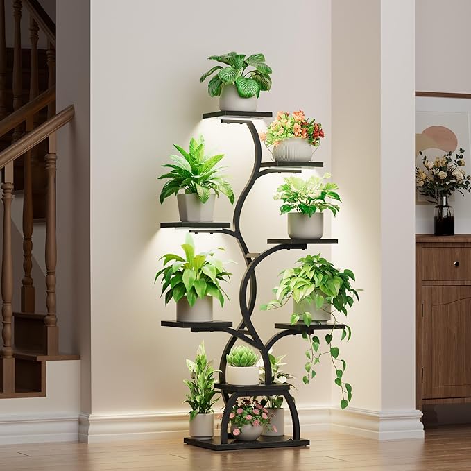 Plant Stand Indoor with Grow Light - 8 Tiered Corner Plant Shelf Indoor | 49" Plant Holder with Lights for Indoor Growing, Tall Lighted Flower Stand for Living Room, Balcony, Black