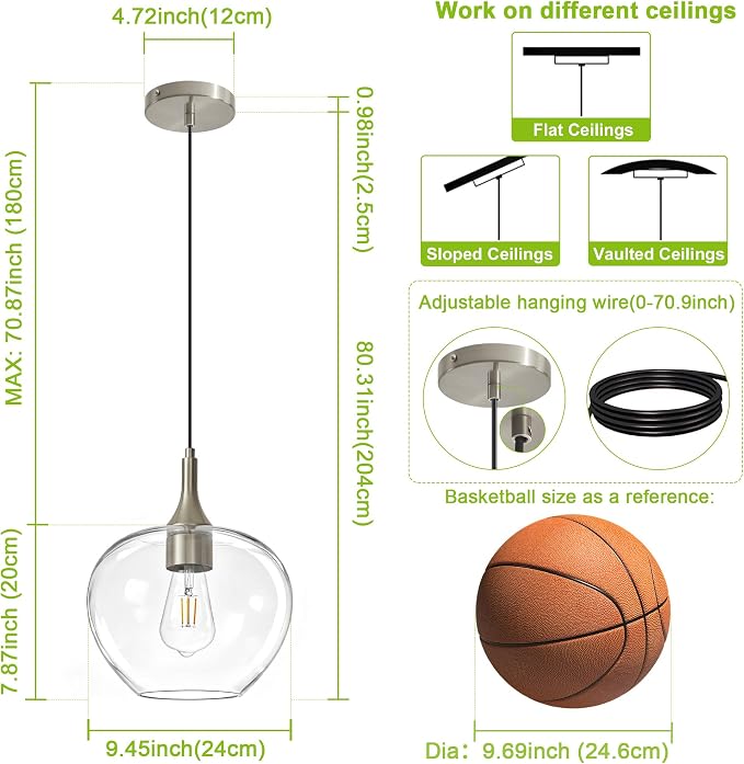 9.45in Nickel Pendant Lights Kitchen Island with Clear Glass Shade 1Pack | Handcrafted Glass Pendant Light Fixtures, UL Certified, E26 Base 100W Max, Height-Adjustable, Dimmable Hanging Pendant Light