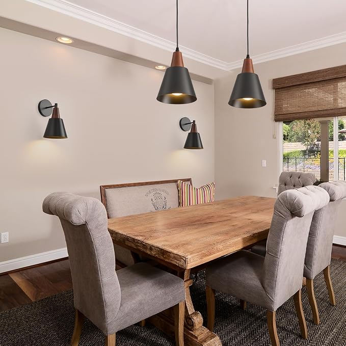 3 Pack Pendant Lights, Black Pendant Lights Kitchen Island,Wood Dome Minimalist Industrial Ceiling Hanging Lights for Kitchen Island, Barn, Dining Room