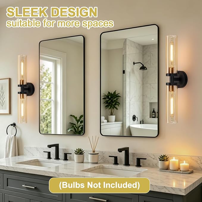 Indoi Wall Sconces Set of Two, Hardwired Black and Gold Bathroom Sconces Wall Lights with Amber Glass, Modern Sconces Wall Decor Set of 2 Vanity Light fixtures for Bathroom Mirror Living Room