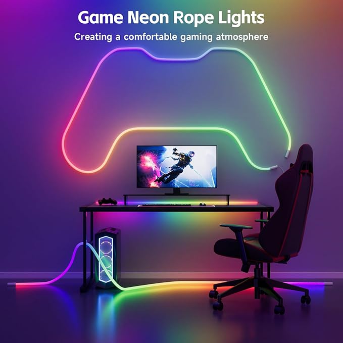 LED Rope Lights, 16.4ft Neon LED Lights Strip with 360 Degree Luminous, 5V USB Flexible IP67 Waterproof Music Sync Remote APP Control Gaming Lights Accessories for Bedroom Outdoor Décor