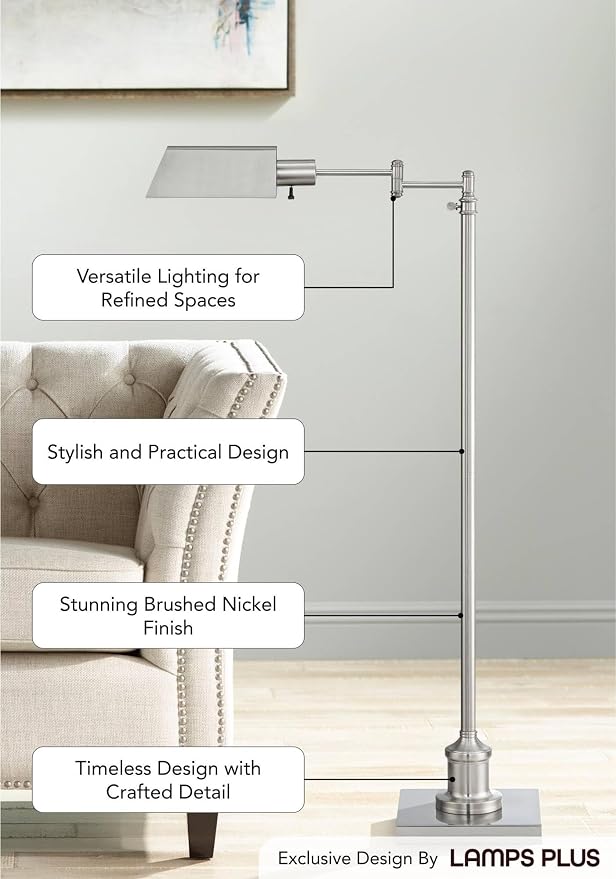 Jenson Brushed Nickel Adjustable Swing Arm Pharmacy 54" Tall Floor Lamp | Traditional Farmhouse Light Standing Base Silver Metal for Living Room Reading House Bedroom Home Office