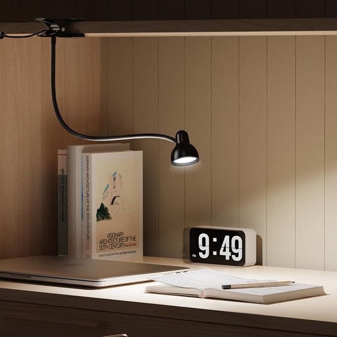 Clip on Light Reading Light for Bed 3 Color Modes Black | 10 Dimmable Brightness Eye Care Clamp Desk Lamp 360° Flexible Desk Book Light for Reading Bed Headboard Computer