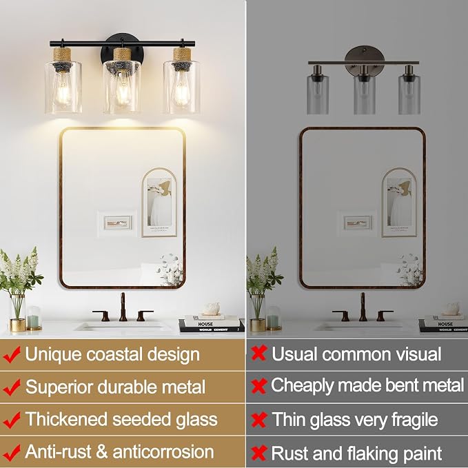 MOKATNG Bathroom Light Fixtures, 3-Light Coastal Vanity Lights with Seeded Glass, Black Bathroom Wall Lamp for Mirror Kitchen Cabinet Hallway