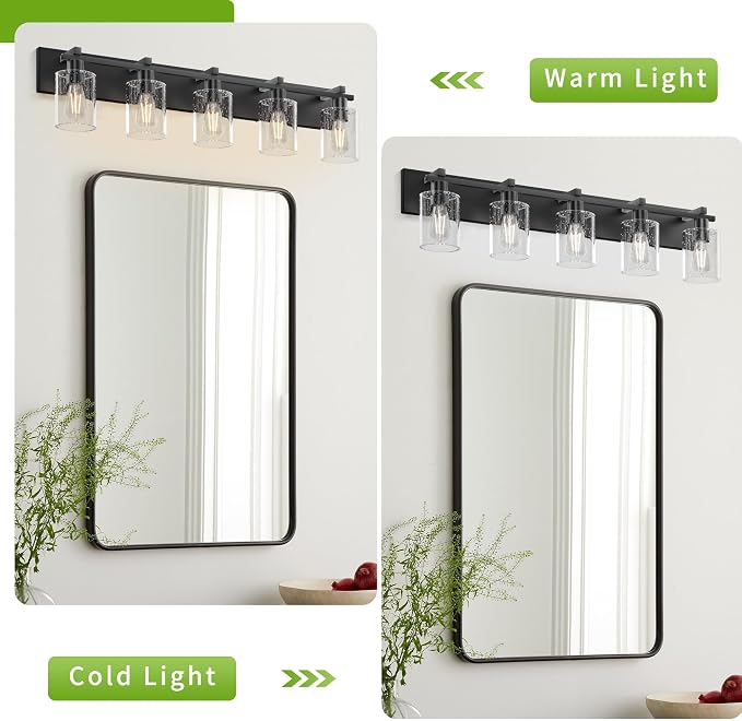 5-Light 37inch Black Vanity Light, Thickened Seeded Glass Shade | Over Mirror for Bathroom, Rust Resistant, E26 Base, Easy Install, Removable Glass Shade Horizontal Mount, Dimmable