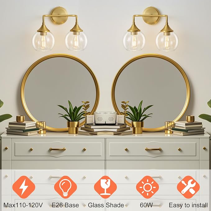 Gold Bathroom Vanity Light 2-Light Modern Vanity Lights 14" | Farmhouse Vanity Lighting Fixtures Over Mirror, Thickened Clear Glass Shade, UL E26 Dimmable Vanity Light Fixtures