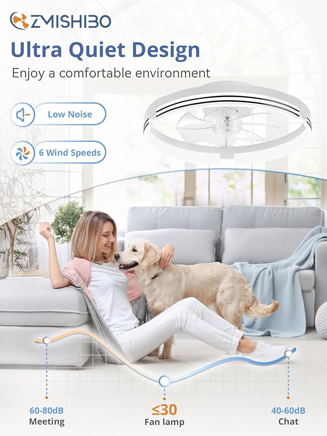 ZMISHIBO Low Profile Ceiling Fans with Lights and Remote, 20 “ White | 3000K-6000K Dimmable Fandelier LED, Flush Mount, 6 Wind Speeds, Reversible, Timer, Bedroom, Living Room, Kitchen, Kids Room