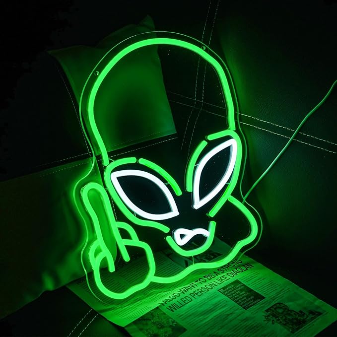 Alien Neon Sign for Wall Decor, USB Powered Green Game Room Neon Light, Green Alien LED Light Up Sign for Kids Birthday New Year Man Cave Teen Party Game Room Decoration
