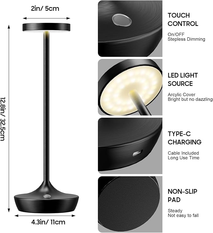 2 Pack Cordless Table Lamps, Rechargeable 6000mAh, 72H Runtime, Waterproof | Stepless Touch Dimming with 3 Color Modes & Memory Function for the Perfect Ambiance at Home, Restaurants & Patios (Black)