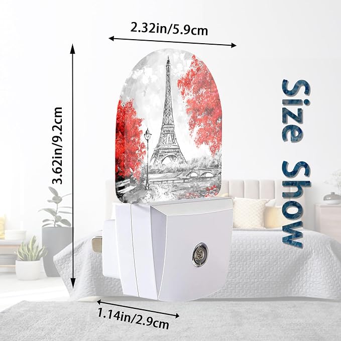 Eiffel Tower Paris Red Flower Night Lights Plug into Wall for Girls Boys Room,Night Light LED Lamp Dusk to Dawn Sensor Round Lamp for Bedroom Bathroom Hallway Home Wall Decor