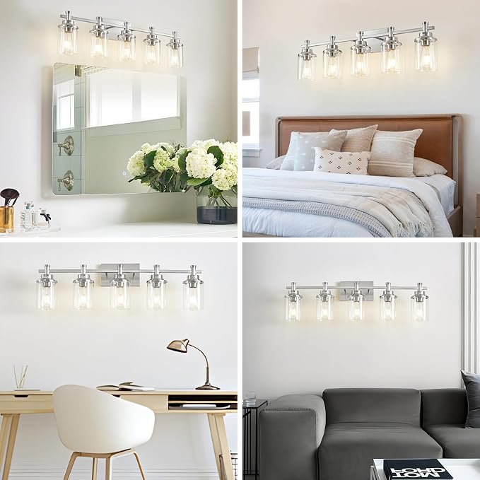 5 Lights Bathroom Light Fixtures, Brushed Nickel Vanity Light with Clear Glass Shade,Modern Wall Sconce for Mirror Bedroom Hallway Farmhouse Kitchen