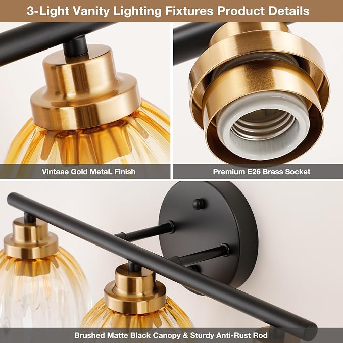 TALOYA Black Gold 3-Light Bathroom Vanity Light with Amber Tulip GlassShade | Modern Vanity Lighting Fixtures, Bathroom Lights Over Mirror, Wall Mount Mirror Light Fixtures for Bathroom Hallway Bedroom