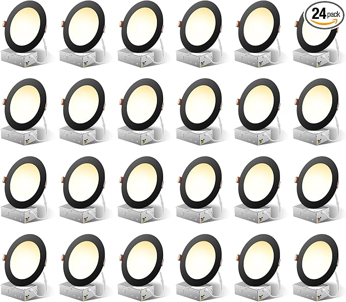 FREELICHT 24 Pack 6 Inch LED Recessed Light with Junction Box, Black, 5CCT | 1050LM, 12W, 2700K-5000K Selectable, 5%-100% Dimmable, 120V, Ultra-Thin Canless Wafer Downlight, ETL, FCC, IC & Damp Rated