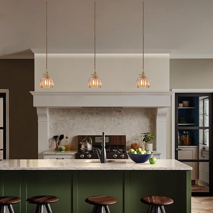 Pendant Light with Amber Tulip Glass Lmapshade, Brass Vintage Pendant Light Adjustable Hanging Light for Kitchen Island Dining Room Hallway