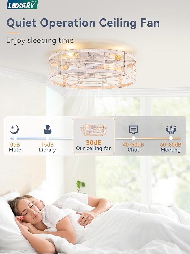 LEDIARY 20" White Gold Caged Low Profile Ceiling Fan with Light and Remote | Flush Mount, Bladeless Enclosed Fandelier, 6 Speed, Quiet Powerful DC, Rustic,Farmhouse, Small, Bedroom, Kitchen, Indoor