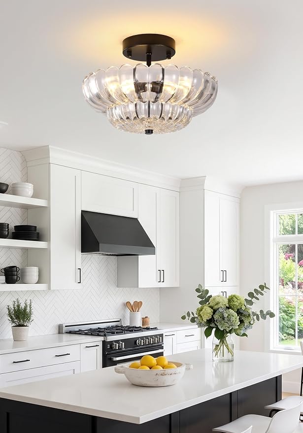 Semi Flush Mount Ceiling Light, Vintage Black Close to Ceiling Light Fixture with Glass Shade, Mid Century Modern Lighting for Bedroom Hallway Kitchen Laundry-Clear