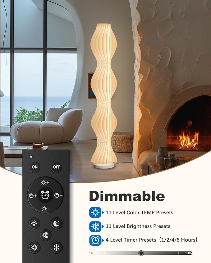 Wave Skirt Floor Lamp - 3 Color Temp & Dimmable | Column Standing Floor Lamp with Foot Switch & Remote - 21 Sheets Lampshade - Modern Ambient Light for Living Room - 30W - 66"