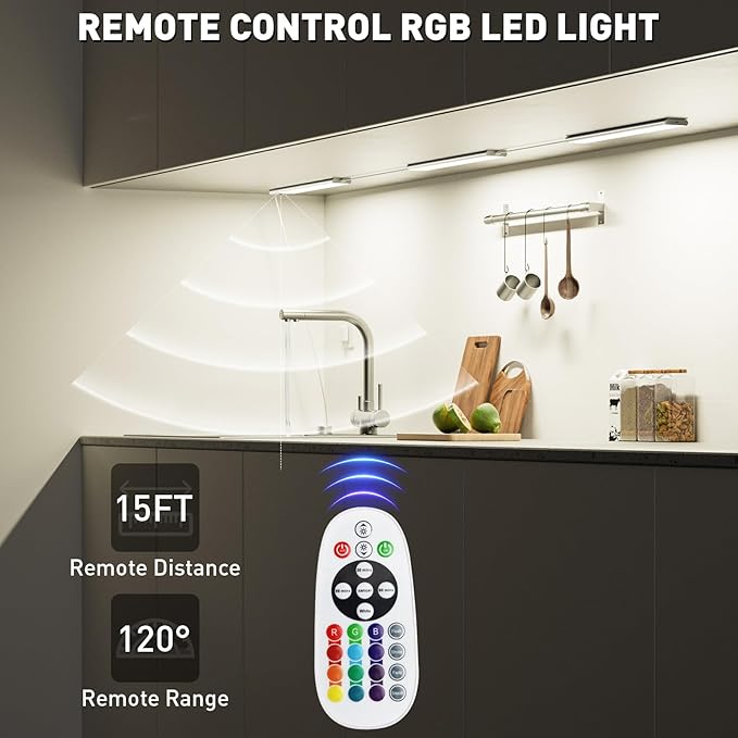 Under Cabinet LED Lighting Plug in, Aluminum RGB Color Changing Lights with Remote Control, 12in 3-Panel Wired Parallel, Ideal for Kitchen, Counter, Bookshelf – 15 Colors