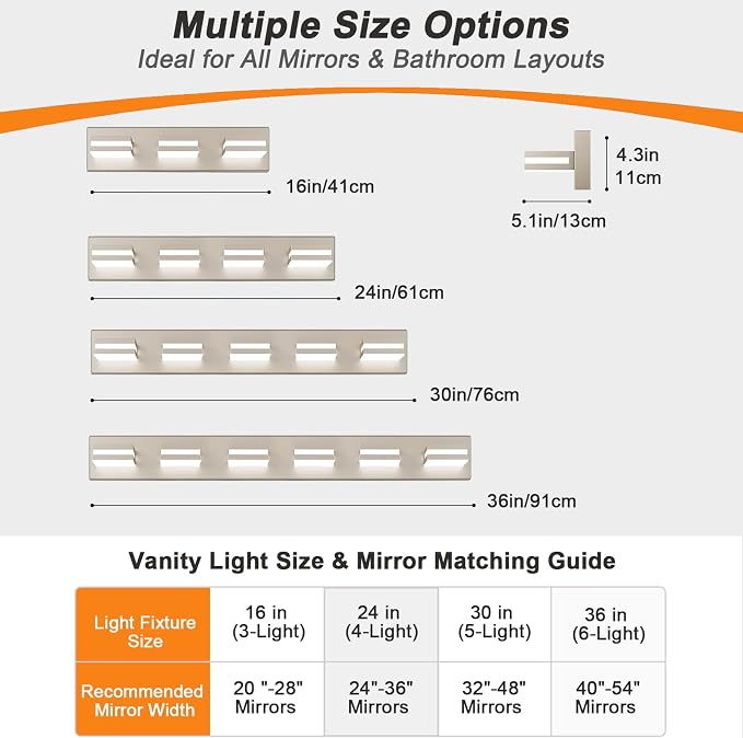 Bathroom Lights Fixtures Over Mirror, 360°Rotate Modern LED Vanity Lights for Bathroom, 40W Dimmable & High CRI Acrylic Wall Lighting, No Assembly Required (Brushed Nickel, 5-Light, 30 Inch)