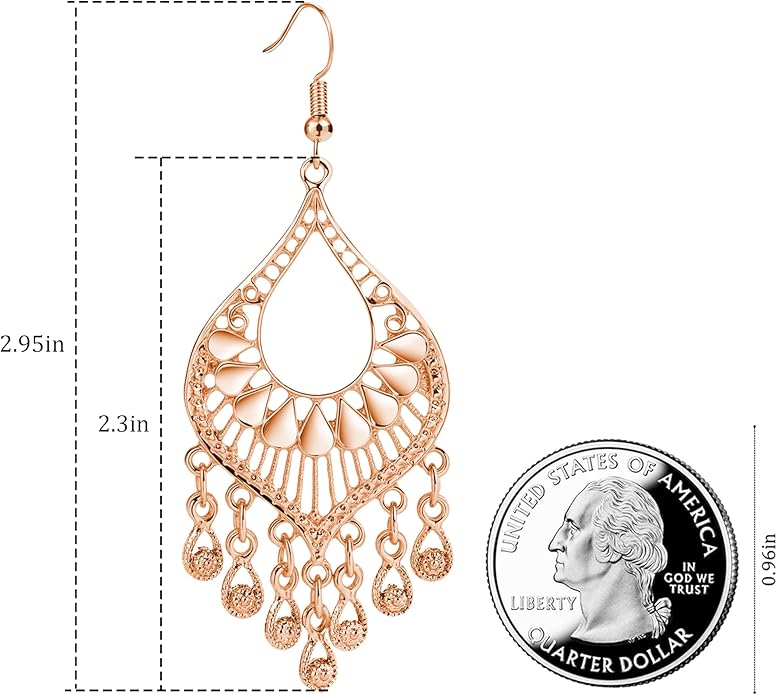 Silver 14K Gold & Rose Gold Plated Boho Chandelier Earrings – Intricate Bohemian Earrings with Filigree and Tassel Earrings for Women Trendy
