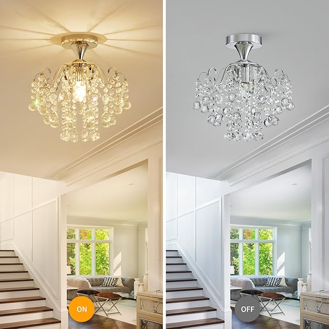 WUZUPS Crystal Chandelier Flushmount Ceiling Light Modern Lighting Fixture for Bedroom Hallway Bar Kitchen Bathroom, H 13.4" x W 12.6", E26 Base, Chrome