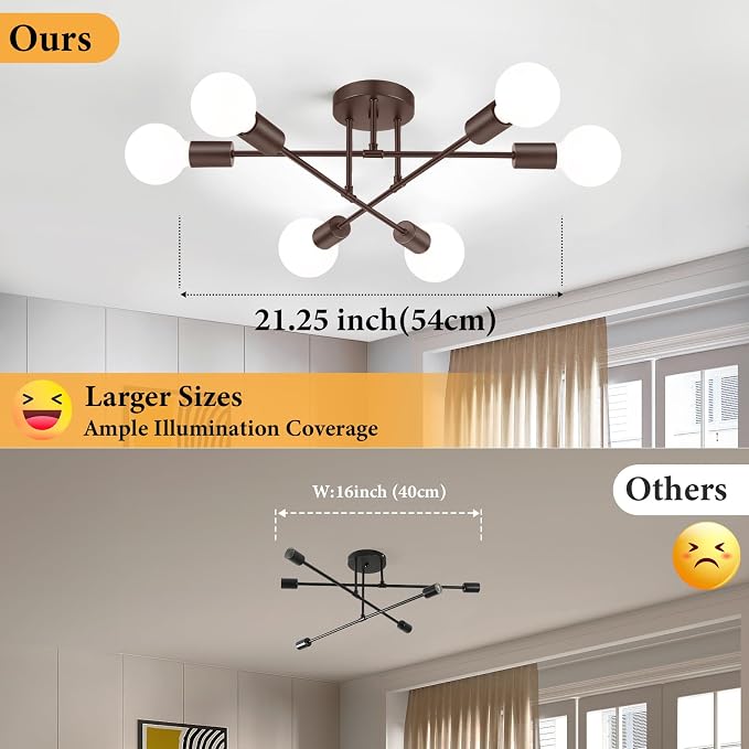 Modern Sputnik Chandelier Ceiling Light Fixture 6-Light, Brown | Bedroom Sputnik Ceiling Light Fixture for Living Room, Dining Room, Kitchen, Office, Foyer, Hallway - E26 Base