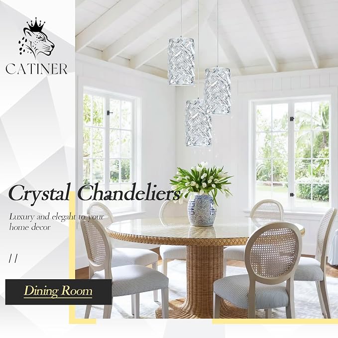 Chrome Crystal Cluster Pendant Light, 3-Light Kitchen Island Hanging Light | 3-light chrome crystal pendant with adjustable height, E26 sockets, dimmable for kitchen islands, dining rooms and bedrooms