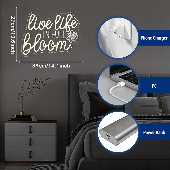 Live Life In Full Bloom Neon Signs for Wall Decor, USB Powered LED Dimmable, Motivational Neon Light, for Spa Yoga Studio Business Gathering Party Home Bar Birthday Gifts(14.1 * 10.6 In)