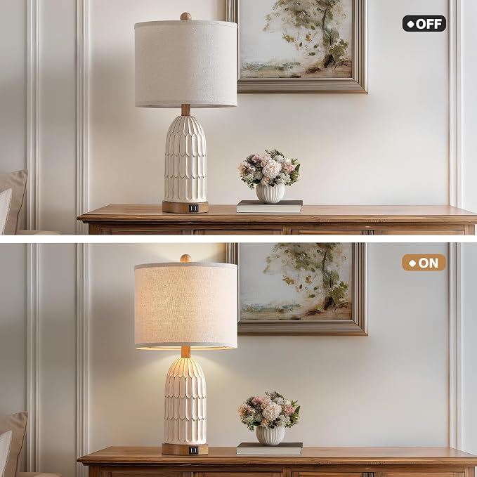 Touch Table Lamp for Bedroom Nightstand, Cream Farmhouse Vintage Rustic 3-Way Dimmable Bedside Lamps with 2 USB Charging Ports,Single Cream