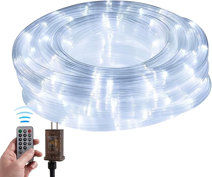 Ripple Tube LED Rope Lights with Remote Control - 8 Modes, 360° Glow,Waterproof for Outdoor/Indoor,Garden,Wedding,Pool,Patio,Christmas Decor (White, 33ft)