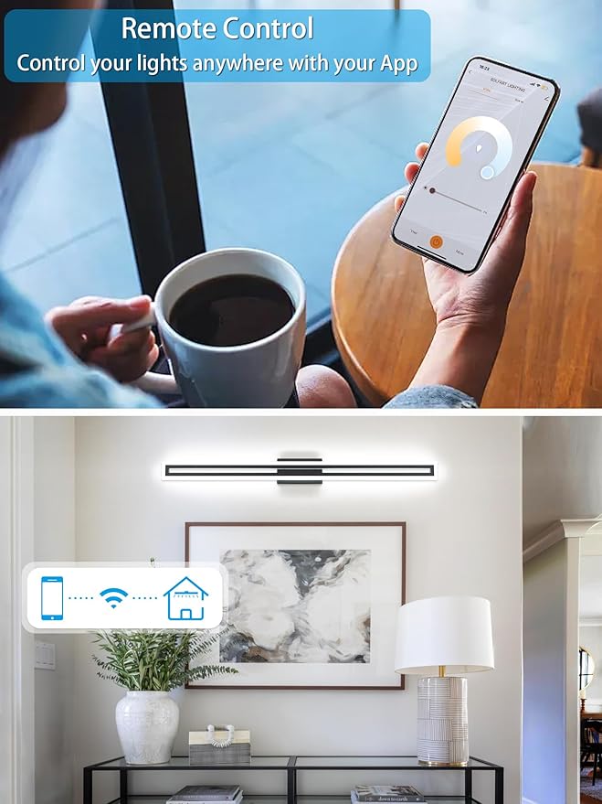 SOLFART Dimmable LED Black Vanity Lights Bathroom Light Fixtures LED Vanity Lights for Bathroom Lighting Bar 48 Inch APP Control Adjustable Light Color Adjustable Modern Lighting-TY