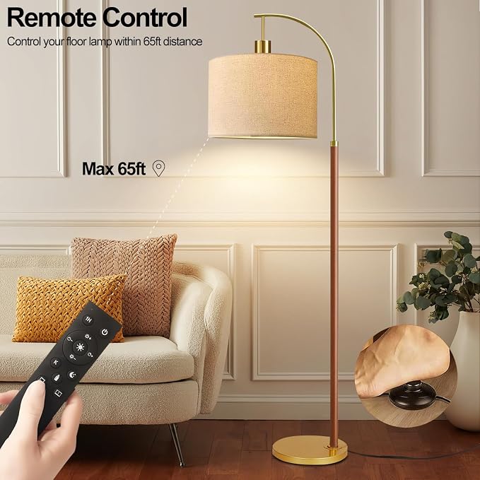 Wood Floor Lamps for Living Room Arc Floor Lamp with Remote Control,Dimmable Farmhouse Floor Lamp Mid Century Modern Standing Lamp with 3 Color Temperature Tall Vintage Floor Lamp For Bedroom Corner