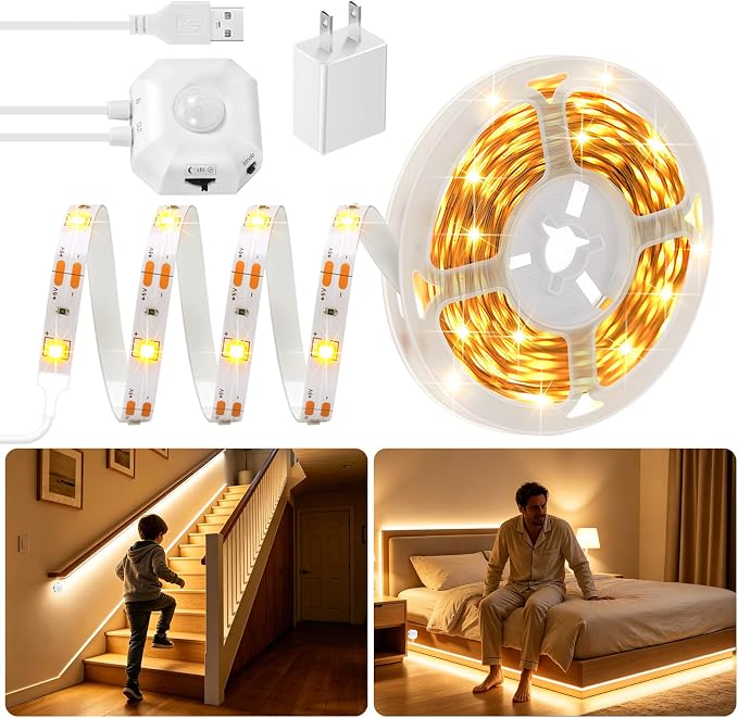 Motion Sensor LED Strip Lights 16.4ft Warm White Stair Bed Lighting Indoor | Motion Activated LED Strip, USB Powered Dimmable Auto On/Off Night Light for Bedroom Cabinet Hallway Closet (No Remote/App)