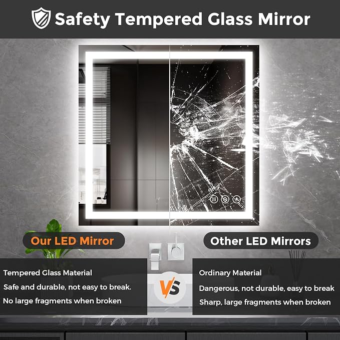 Koonmi 28x28 LED Bathroom Mirror with Light, Anti-Fog, 3 Colors | Backlit + Front Lit, Dimmable Brightness, Shatterproof HD Distortion-Free Tempered Glass, Hardware Included
