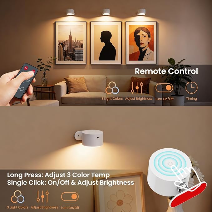 Battery Operated Wall Sconce, Dimmable Led Reading Light with Remote Control & Timer, 3 Color Temps Rechargeable Cordless Wall Lights for Bedroom Bedside, 3 Pack - White