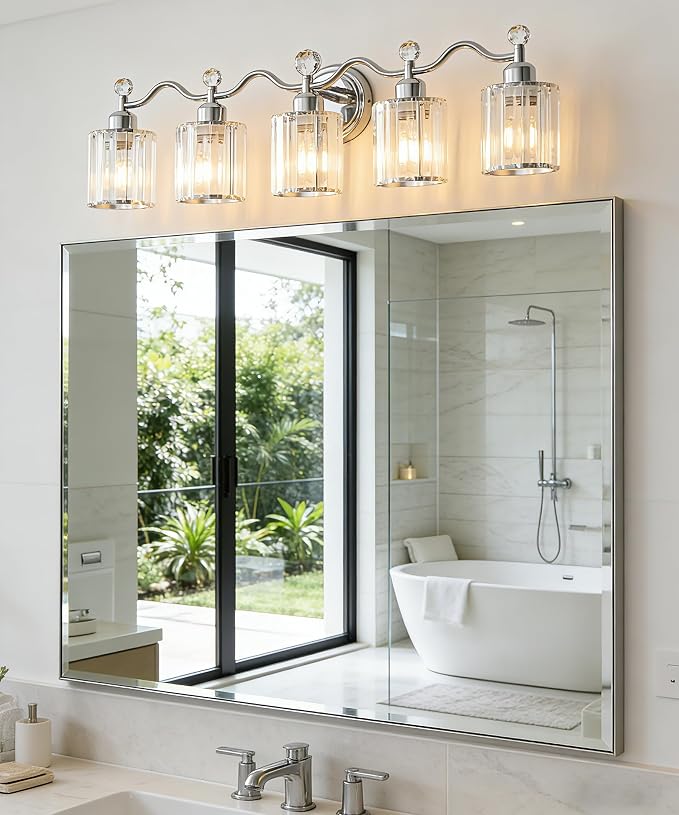 Bathroom Vanity Light Fixtures 5-Lights,Chrome Vanity Lights for Bath, Bathroom Lights Fixture with Clear Crystal Glass Shade, Modern Wall Light Over Mirror, Wall Sconces Light for Hallway