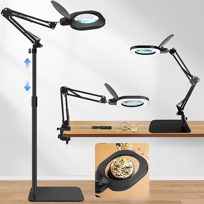 15X Real Glass Magnifying Lamp, 3-in-1 LED Desk Lamp with Base Clamp & Floor Stand, 5 Color Modes Stepless Dimmable, Adjustable Swing Arm, for Repair, Reading,Crafts,Painting
