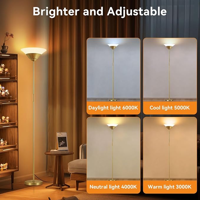 Torchiere Floor Lamp, 30W Dimmable LED Standing Lamp with Remote/Button Control, 1800Lm, 3000-6500K, 72in Bright Standing Pole Light for Living Room Bedroom Office Corner,Gold